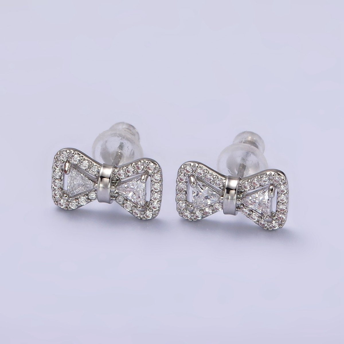 14K Gold Filled Bow Ribbon Micro Paved Stud Earrings in Gold & Silver | V267 V268 - DLUXCA