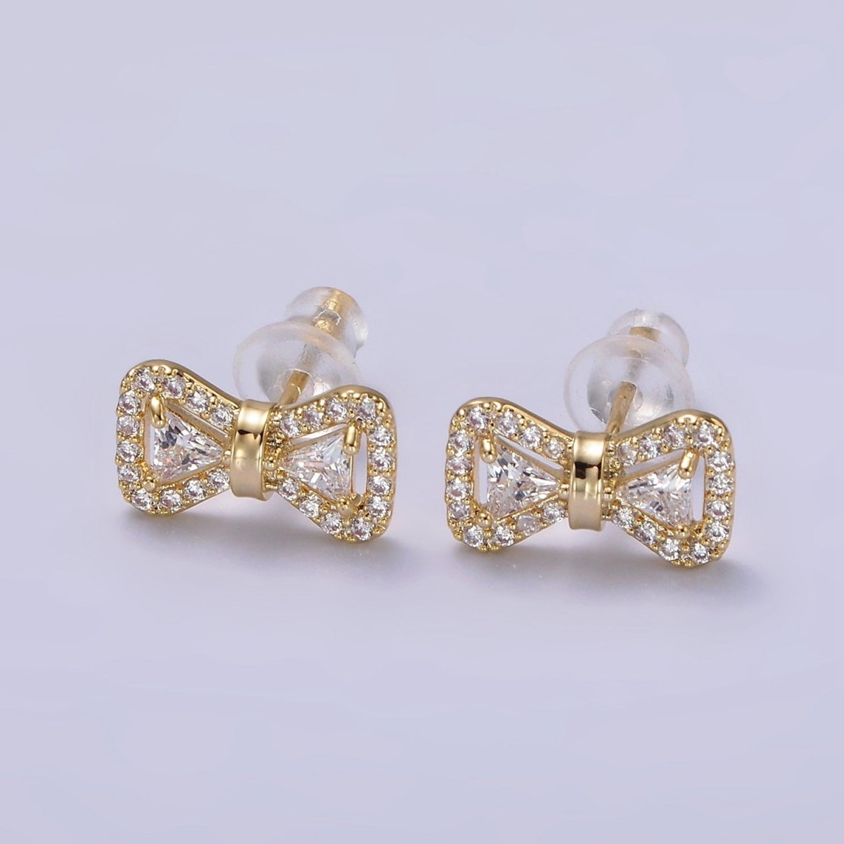 14K Gold Filled Bow Ribbon Micro Paved Stud Earrings in Gold & Silver | V267 V268 - DLUXCA