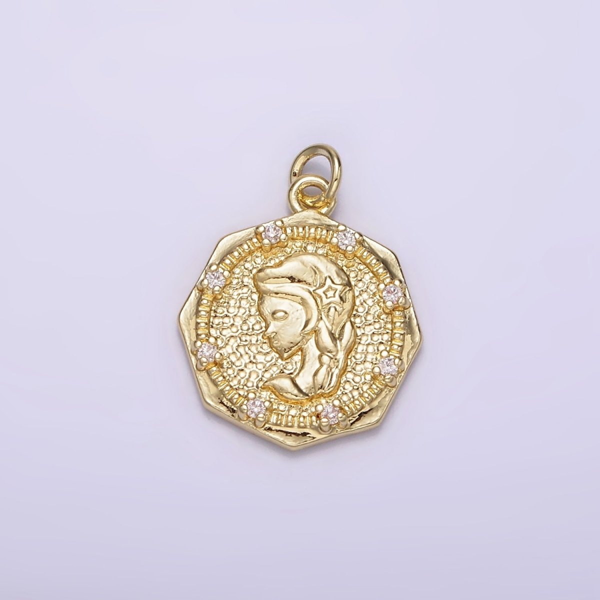 14K Gold Filled Braided Girl Princess Mermaid Lady Portrait Cameo CZ Hammered Octagonal Charm | AG184 - DLUXCA