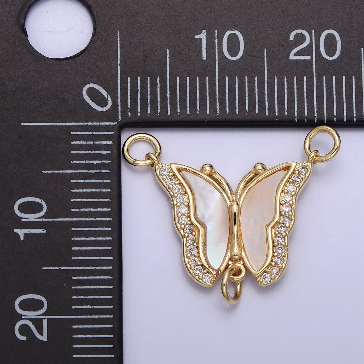 14K Gold Filled Butterfly Mariposa Shell Pearl Micro Paved Triple Loop Connector | AA1019 - DLUXCA