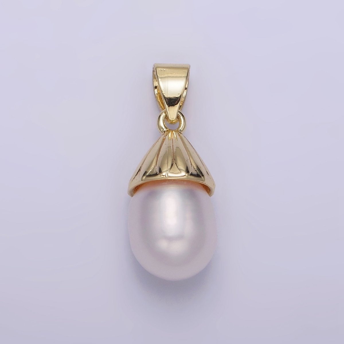 14K Gold Filled Button White Pearl Oblong Lined Bail Pendant | AA632 - DLUXCA