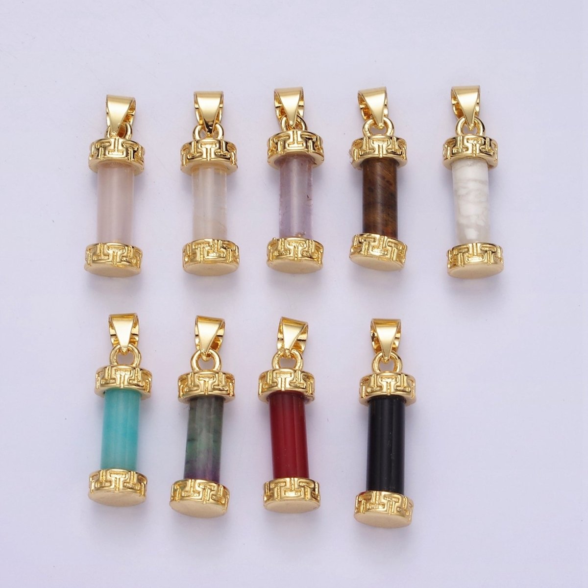 14K Gold Filled Carnelian, Amazonite, Amethyst, Onyx, Clear Quartz, Rose Quartz, Howlite, Tiger Eye Engraved Cylinder Tube Pendant | N1272 - N1279 - DLUXCA