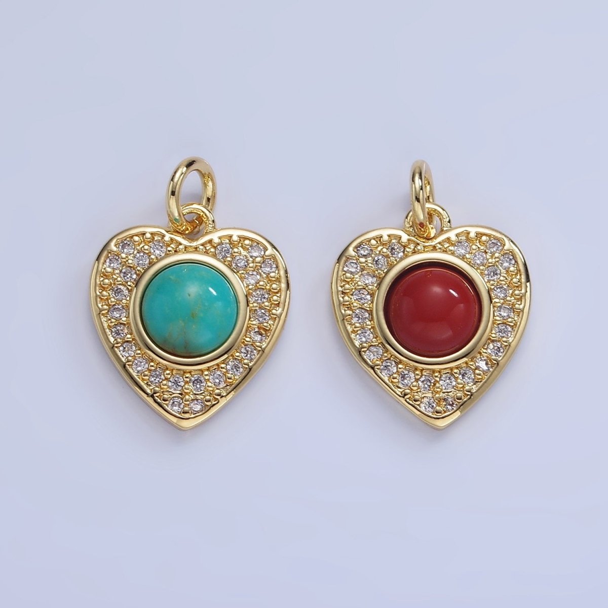 14K Gold Filled Carnelian, Turquoise Round Micro Paved CZ Heart Charm | W498 - DLUXCA