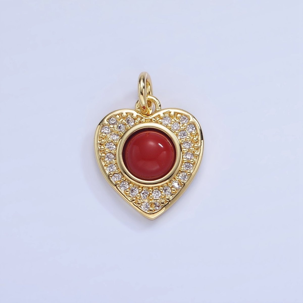 14K Gold Filled Carnelian, Turquoise Round Micro Paved CZ Heart Charm | W498 - DLUXCA
