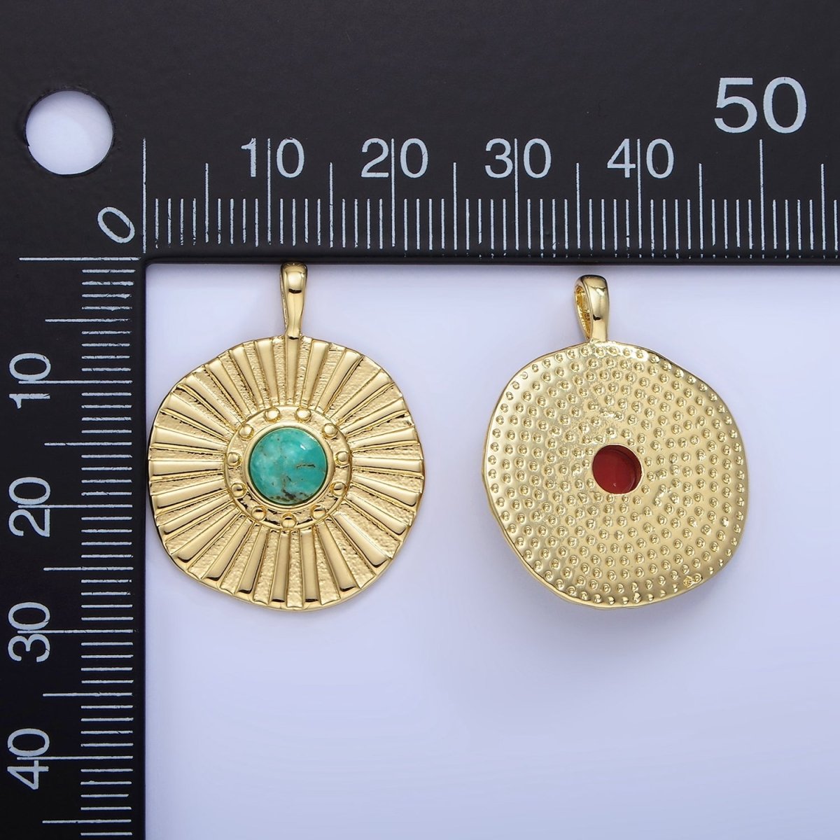 14K Gold Filled Carnelian, Turquoise Sunburst Ray Round Pendant | AA1256 - DLUXCA