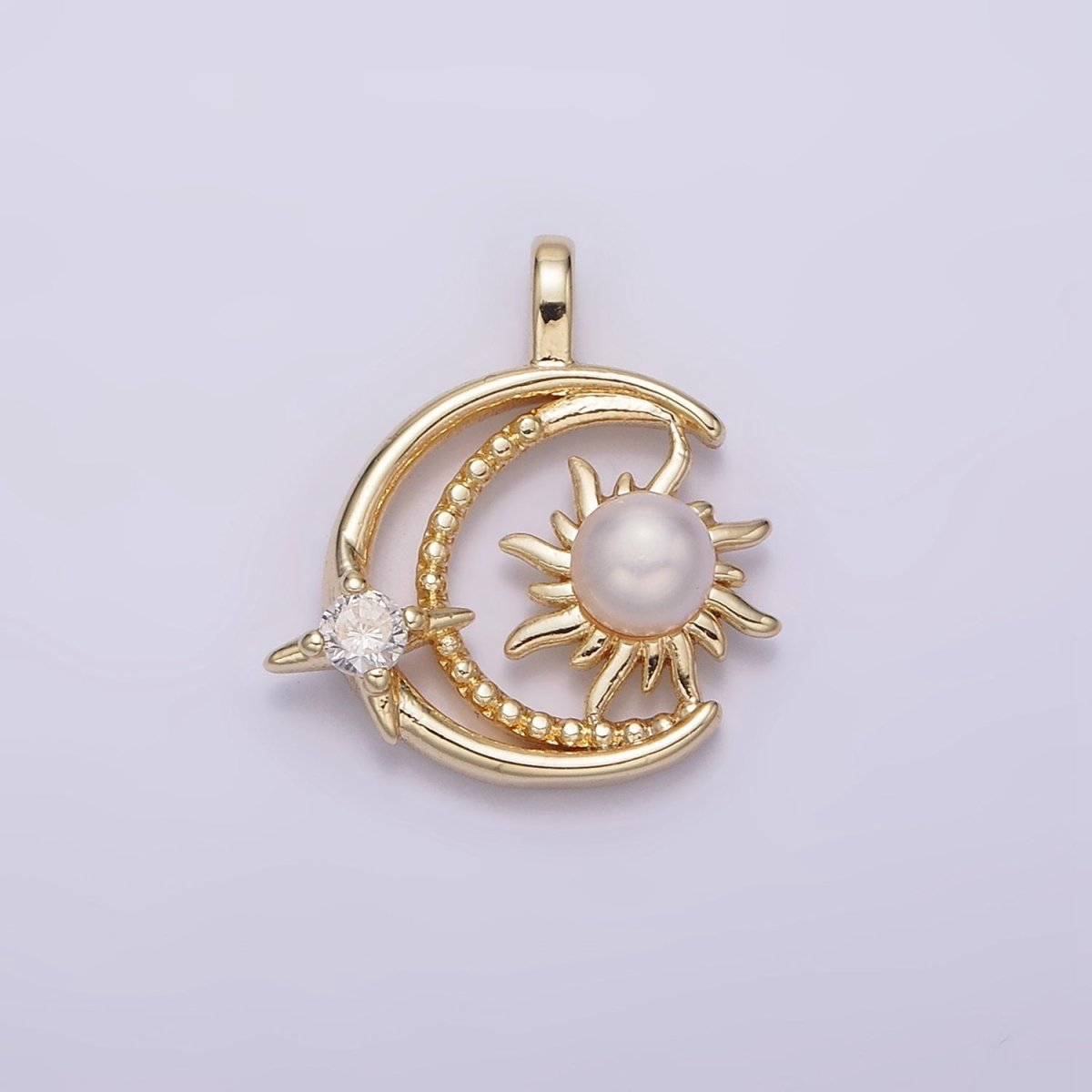 14K Gold Filled Celestial Beaded Crescent Moon Pearl Sun CZ Star Pendant | AA633 - DLUXCA