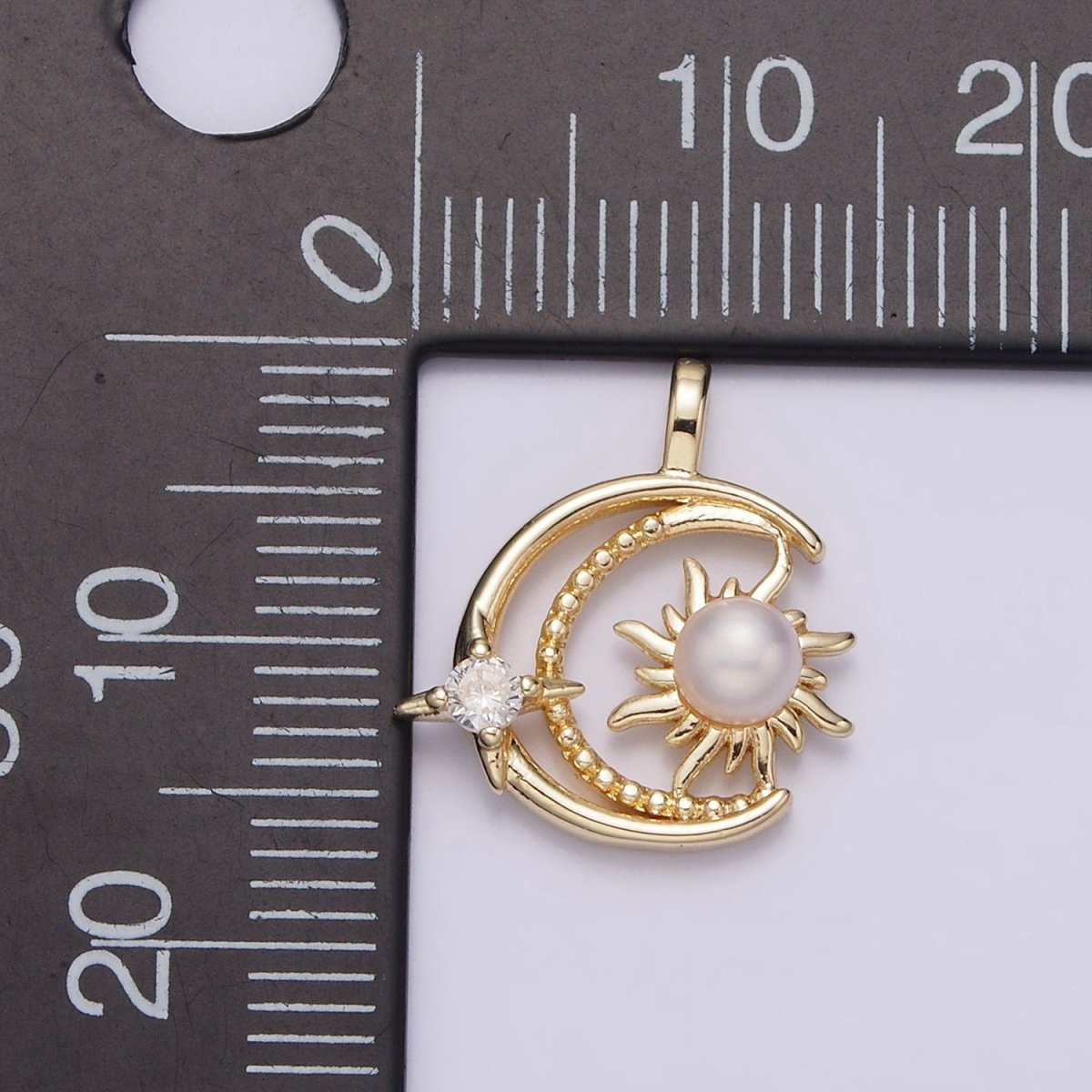 14K Gold Filled Celestial Beaded Crescent Moon Pearl Sun CZ Star Pendant | AA633 - DLUXCA