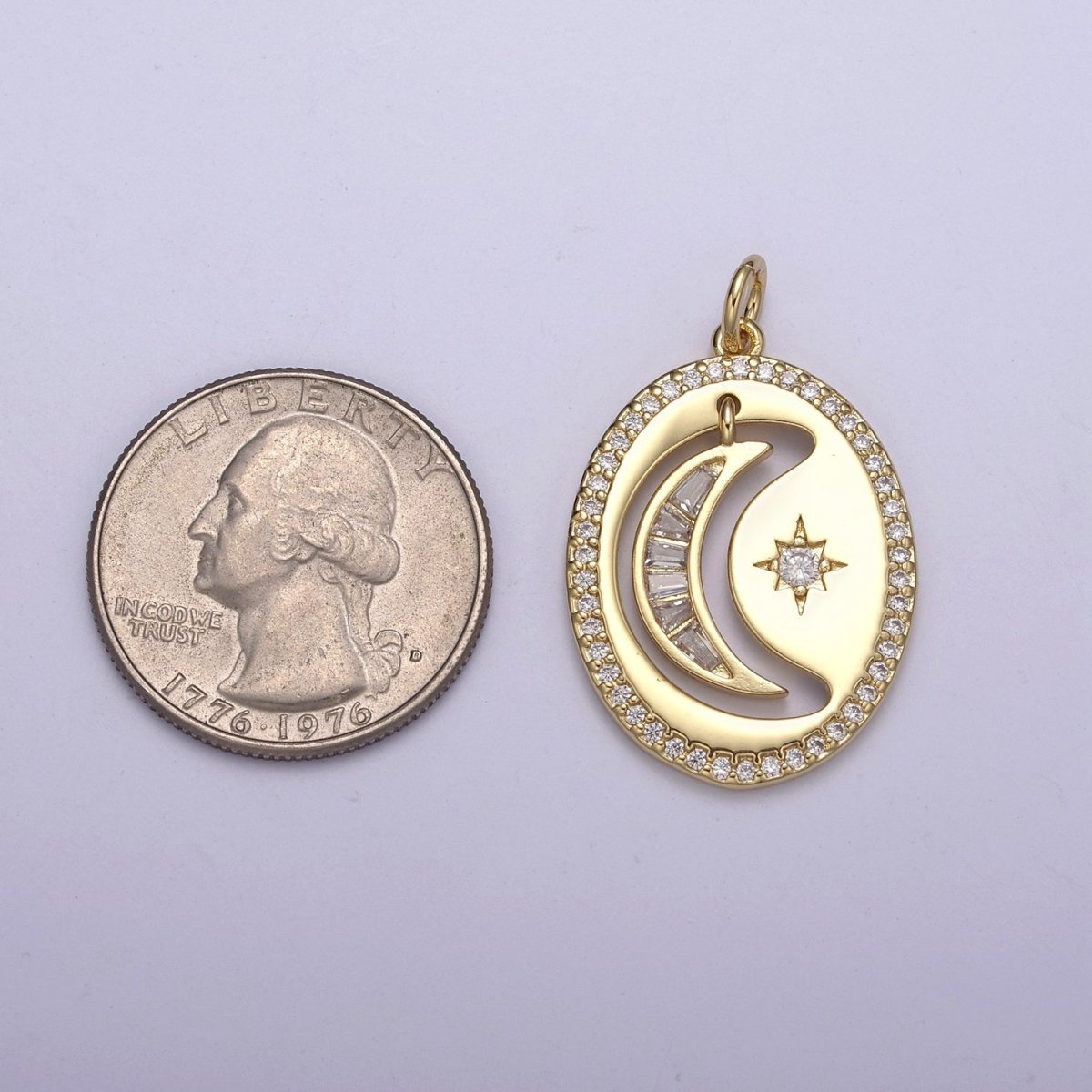 14K Gold Filled Celestial Crescent Moon Baguette CZ Micro Paved Open Oval Charm | N250 - DLUXCA