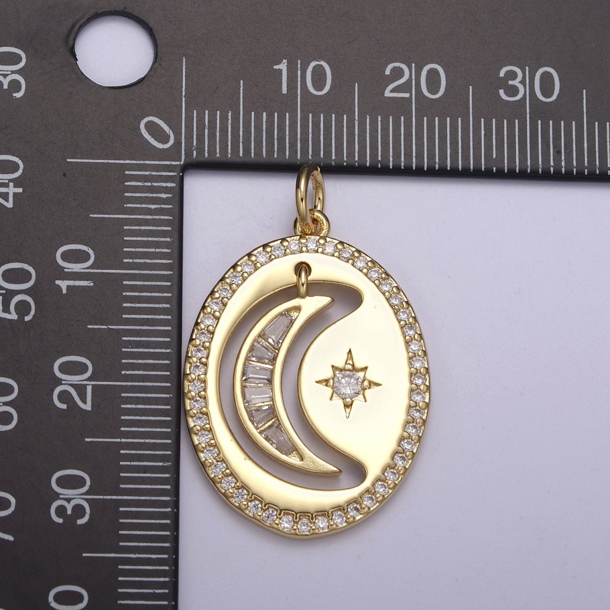 14K Gold Filled Celestial Crescent Moon Baguette CZ Micro Paved Open Oval Charm | N250 - DLUXCA