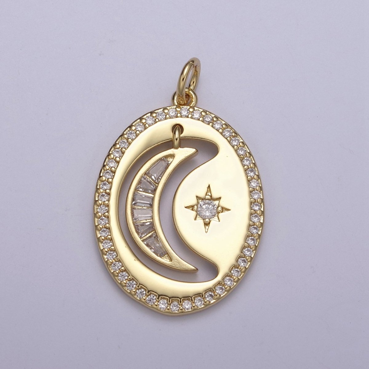 14K Gold Filled Celestial Crescent Moon Baguette CZ Micro Paved Open Oval Charm | N250 - DLUXCA