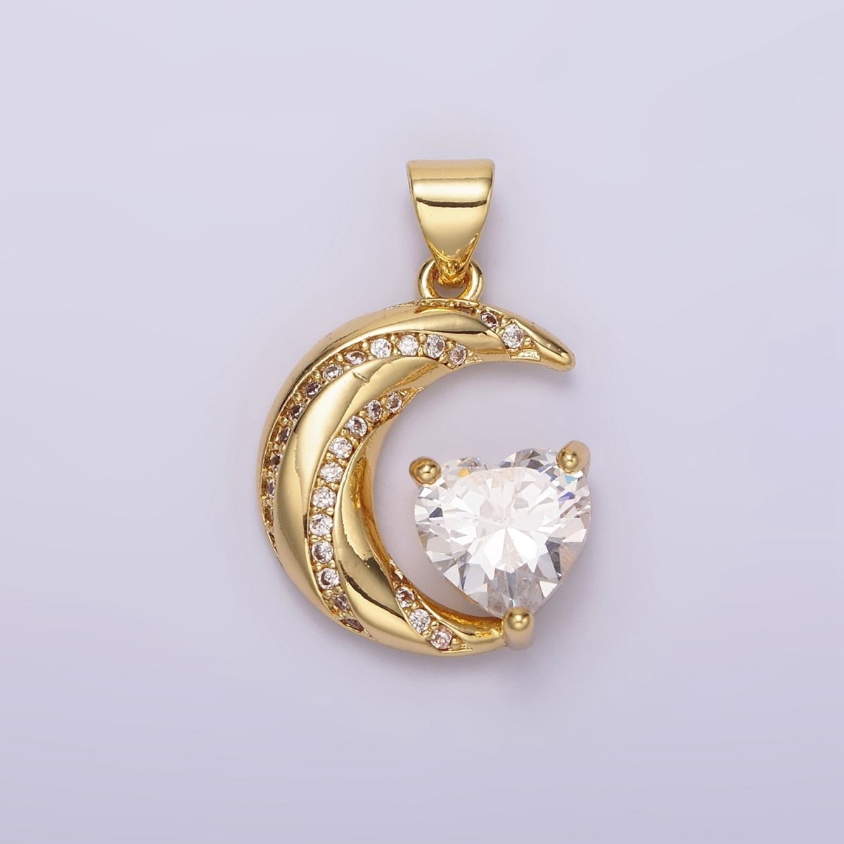 14K Gold Filled Celestial Crescent Moon CZ Lined Clear Heart Pendant in Gold & Silver | N1301 N1302 - DLUXCA