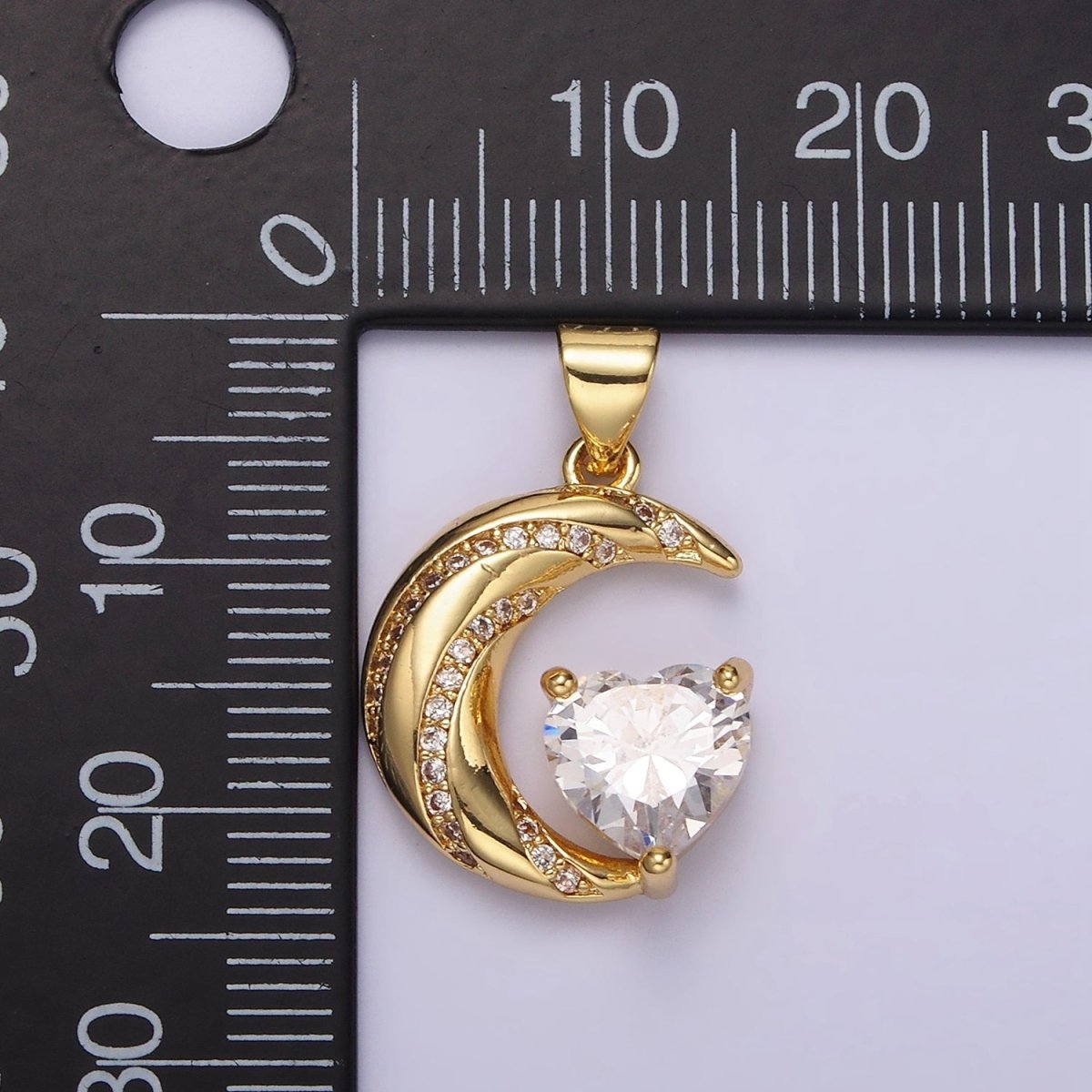 14K Gold Filled Celestial Crescent Moon CZ Lined Clear Heart Pendant in Gold & Silver | N1301 N1302 - DLUXCA