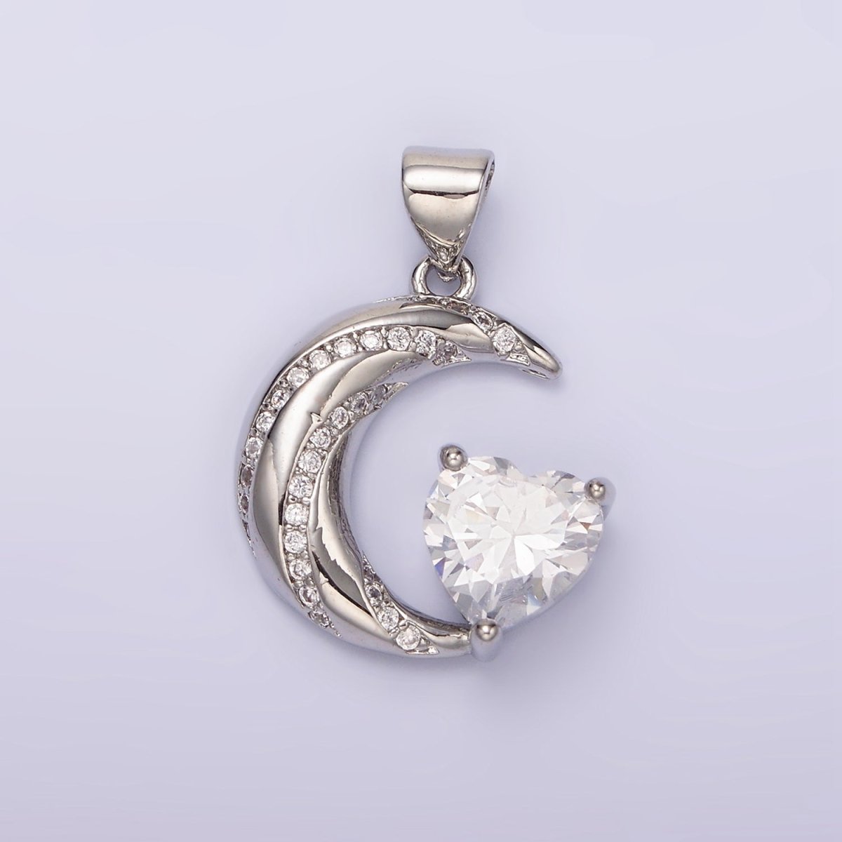 14K Gold Filled Celestial Crescent Moon CZ Lined Clear Heart Pendant in Gold & Silver | N1301 N1302 - DLUXCA