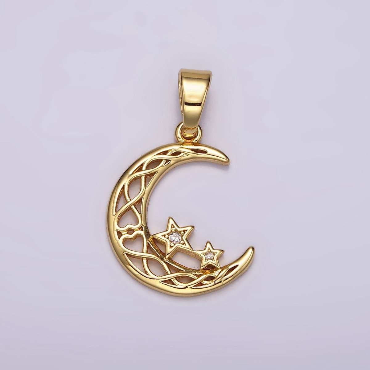 14K Gold Filled Celestial Crescent Moon Double Star CZ Open Pendant | AH092 - DLUXCA