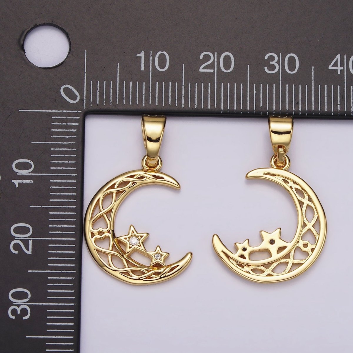 14K Gold Filled Celestial Crescent Moon Double Star CZ Open Pendant | AH092 - DLUXCA