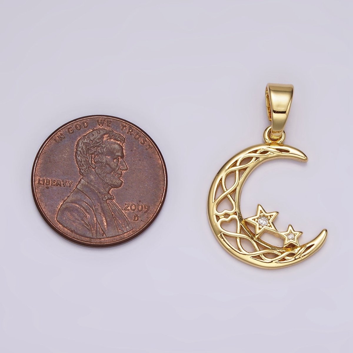 14K Gold Filled Celestial Crescent Moon Double Star CZ Open Pendant | AH092 - DLUXCA