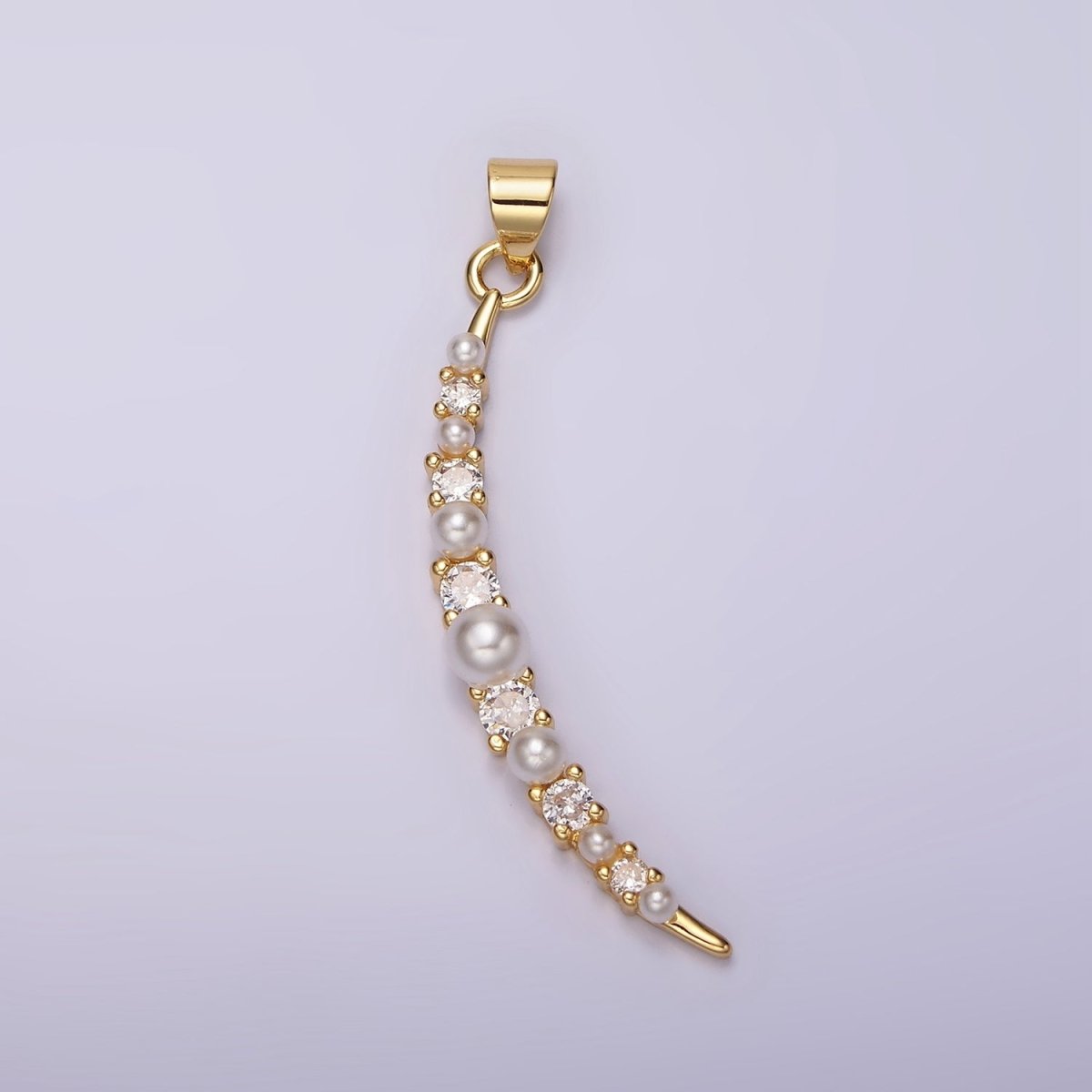 14K Gold Filled Celestial Crescent Moon Pearl CZ Curved Lined Pendant | N1952 - DLUXCA