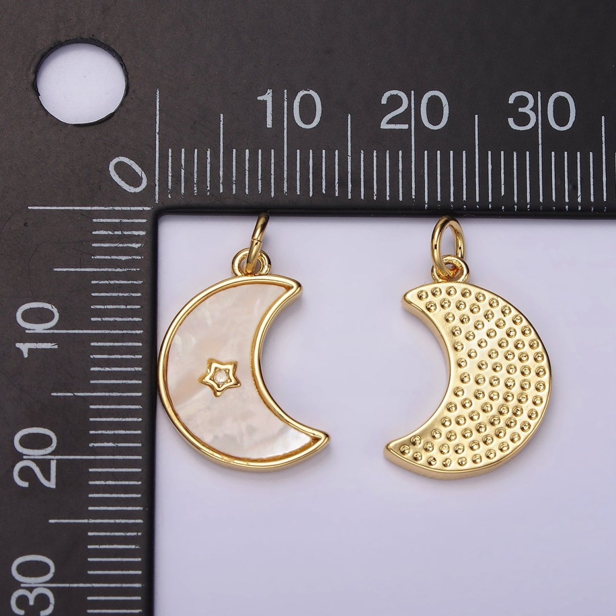 14K Gold Filled Celestial Crescent Moon Star CZ Shell Pearl Bezel Charm | AC911 - DLUXCA