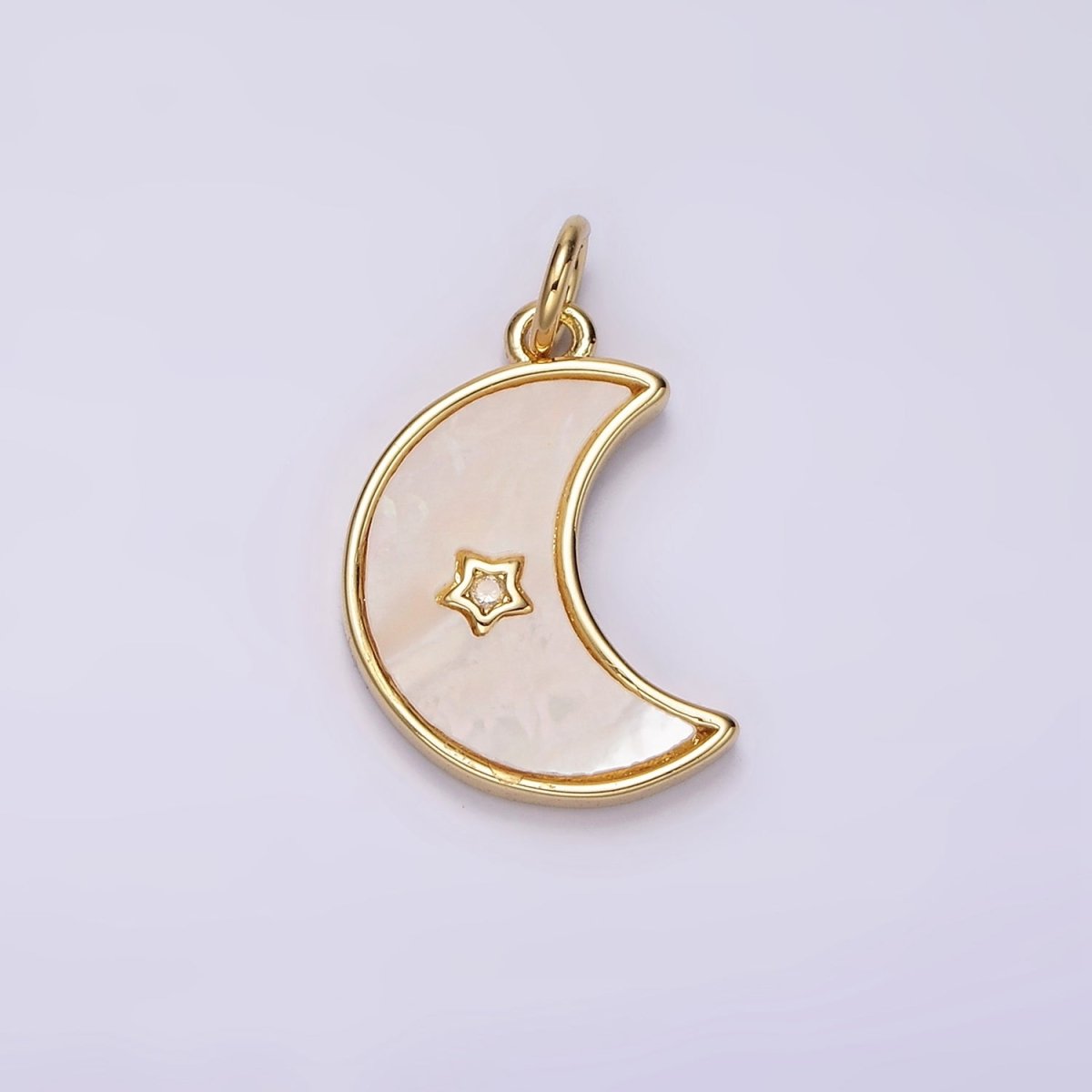 14K Gold Filled Celestial Crescent Moon Star CZ Shell Pearl Bezel Charm | AC911 - DLUXCA