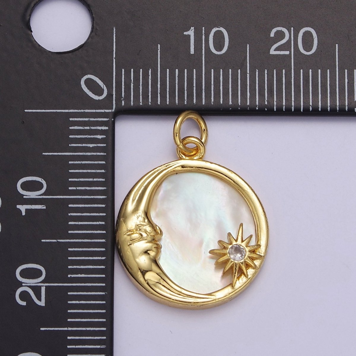 14K Gold Filled Celestial Crescent Moon Star Mother of Pearl Round Charm E-656 - DLUXCA