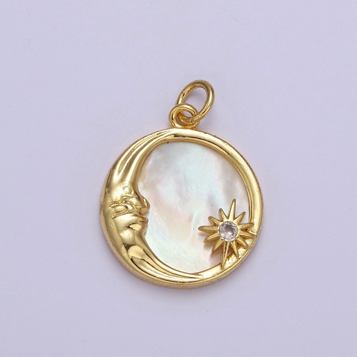 14K Gold Filled Celestial Crescent Moon Star Mother of Pearl Round Charm E-656 - DLUXCA