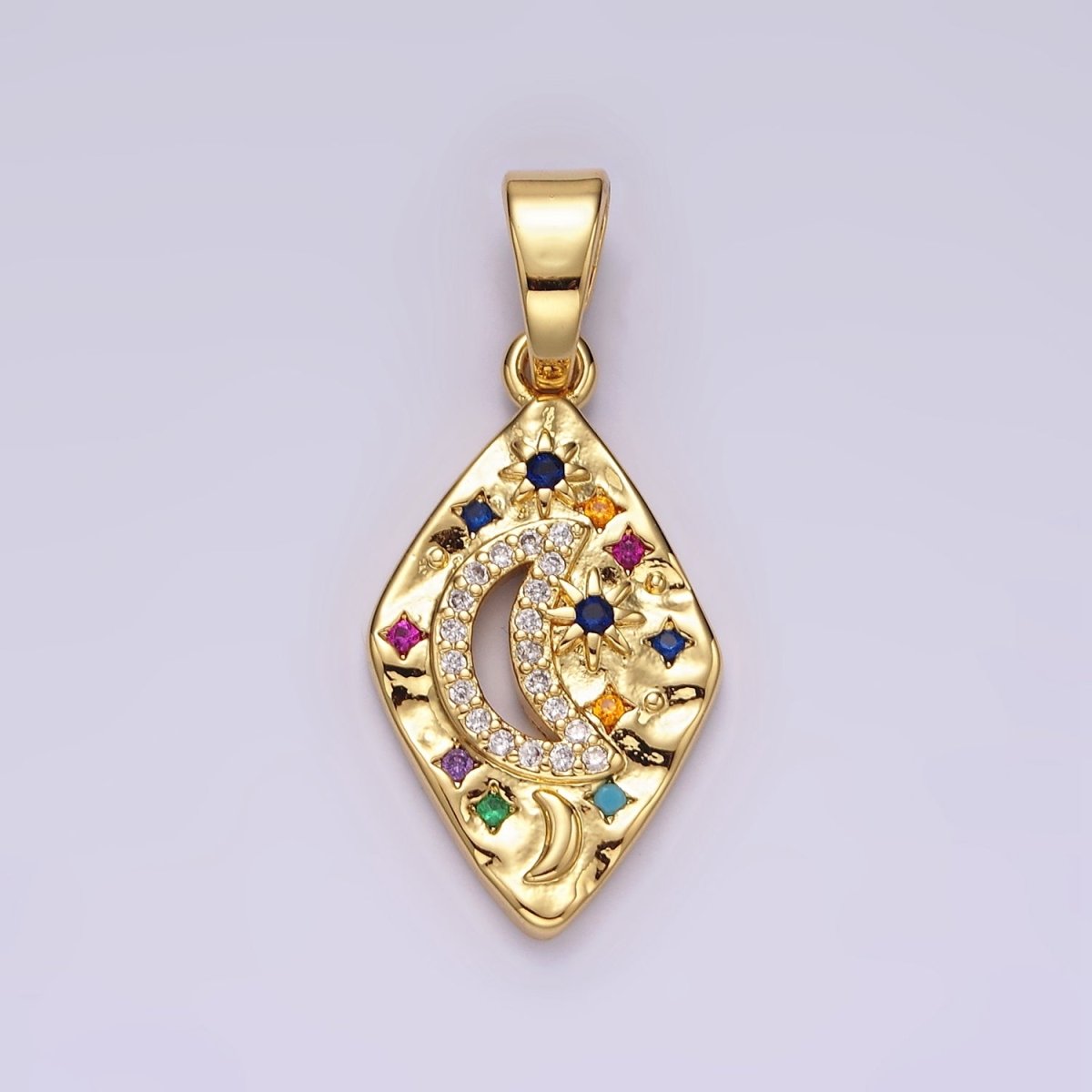 14K Gold Filled Celestial Crescent Moon Star Multicolor CZ Open Hammered Rhombus Pendant | AA510 - DLUXCA