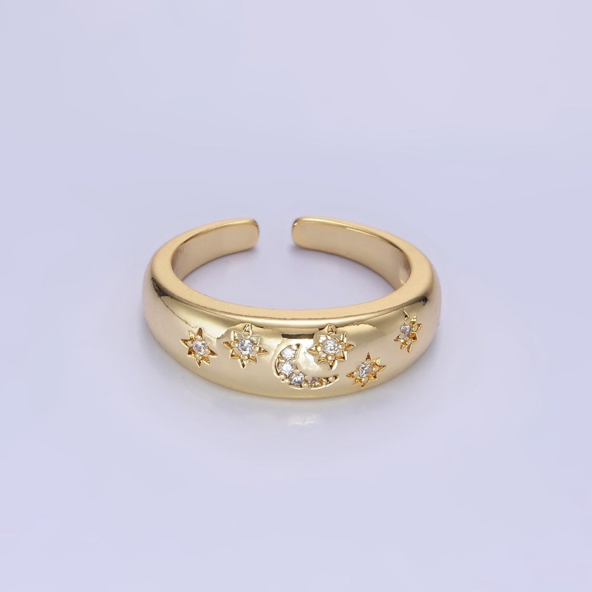 14K Gold Filled Celestial Crescent Moon Stars Micro Paved Ring in Gold & Silver | O1335 O1336 - DLUXCA