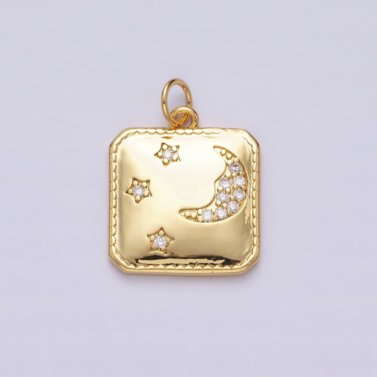 14K Gold Filled Celestial Crescent Moon Triple Stars CZ Micro Paved Hexagonal Square Charm | AC1034 - DLUXCA