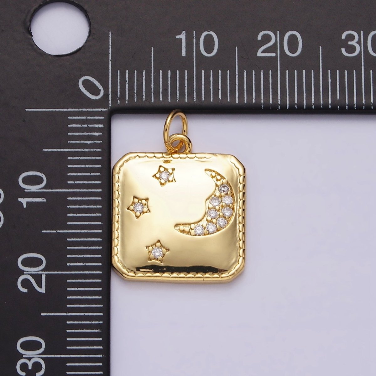 14K Gold Filled Celestial Crescent Moon Triple Stars CZ Micro Paved Hexagonal Square Charm | AC1034 - DLUXCA