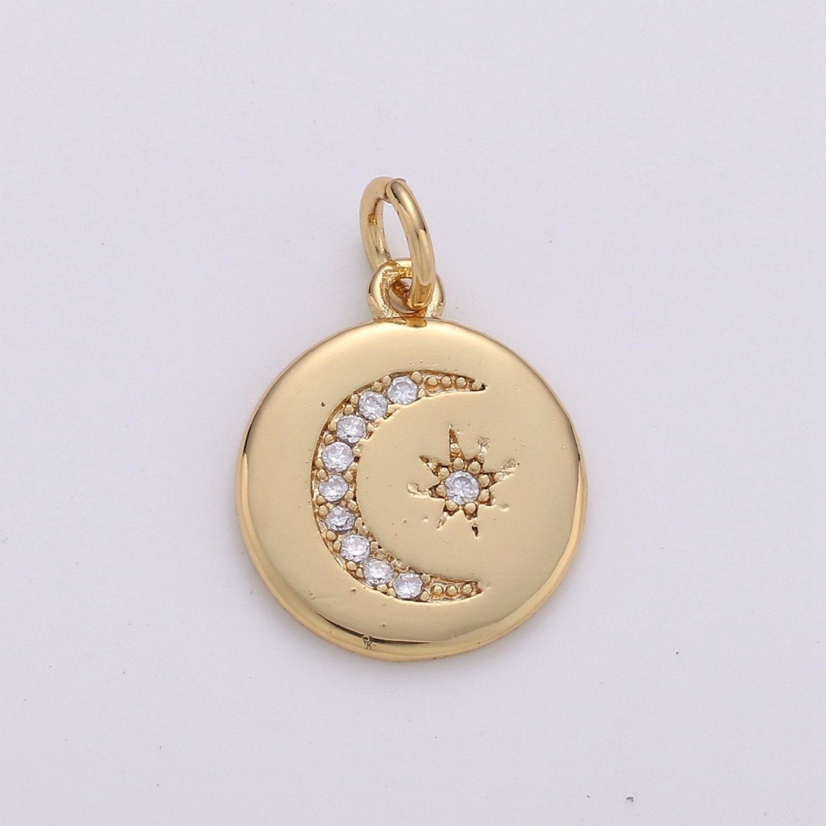 14k Gold Filled Celestial Disc Pendant Micro Pave Moon Pendant Star Charm for Necklace Bracelet Component D-104 - DLUXCA