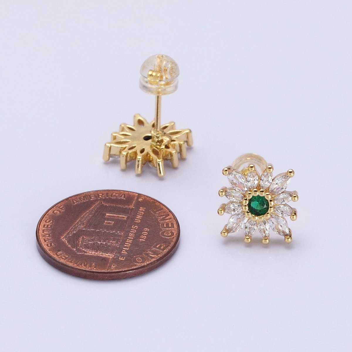14K Gold Filled Celestial Emerald Green Flower Marquise Petal Stud Earrings in Gold & Silver | X-935 AB1505 - DLUXCA