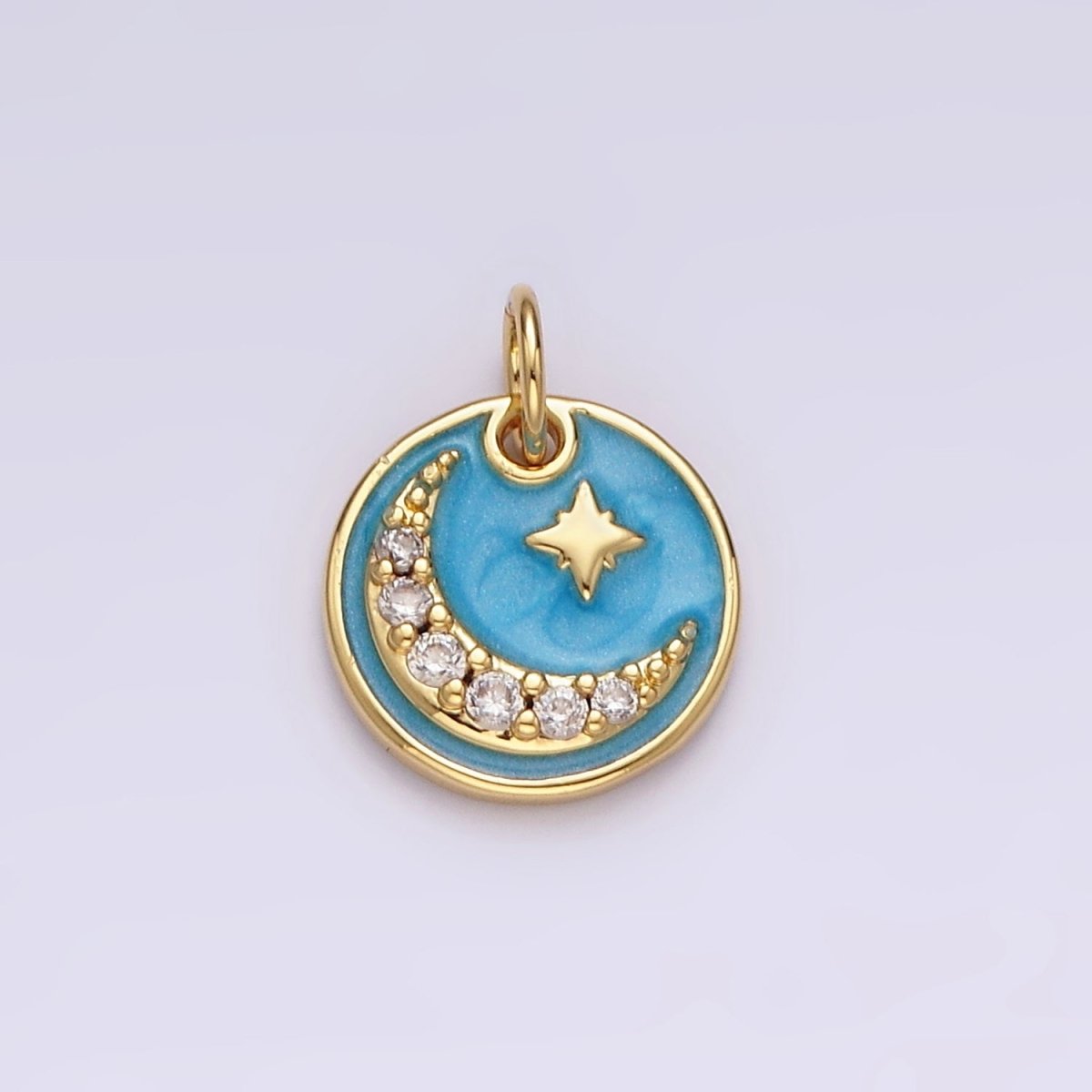 14K Gold Filled Celestial North Star Crescent Moon Micro Paved CZ Blue Sparkly Round Charm | AC784 - DLUXCA