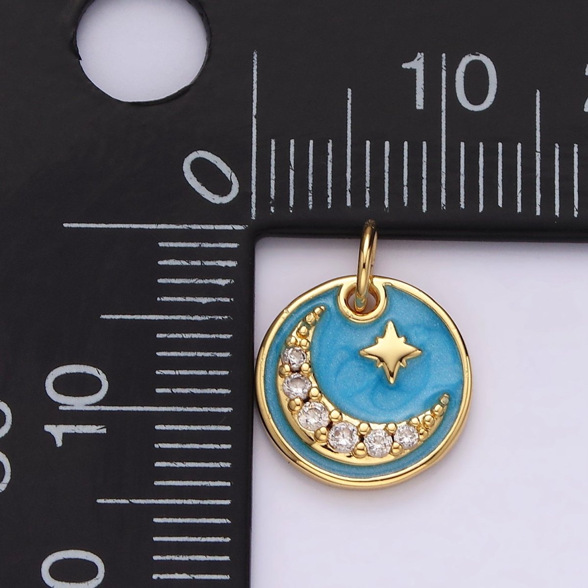 14K Gold Filled Celestial North Star Crescent Moon Micro Paved CZ Blue Sparkly Round Charm | AC784 - DLUXCA