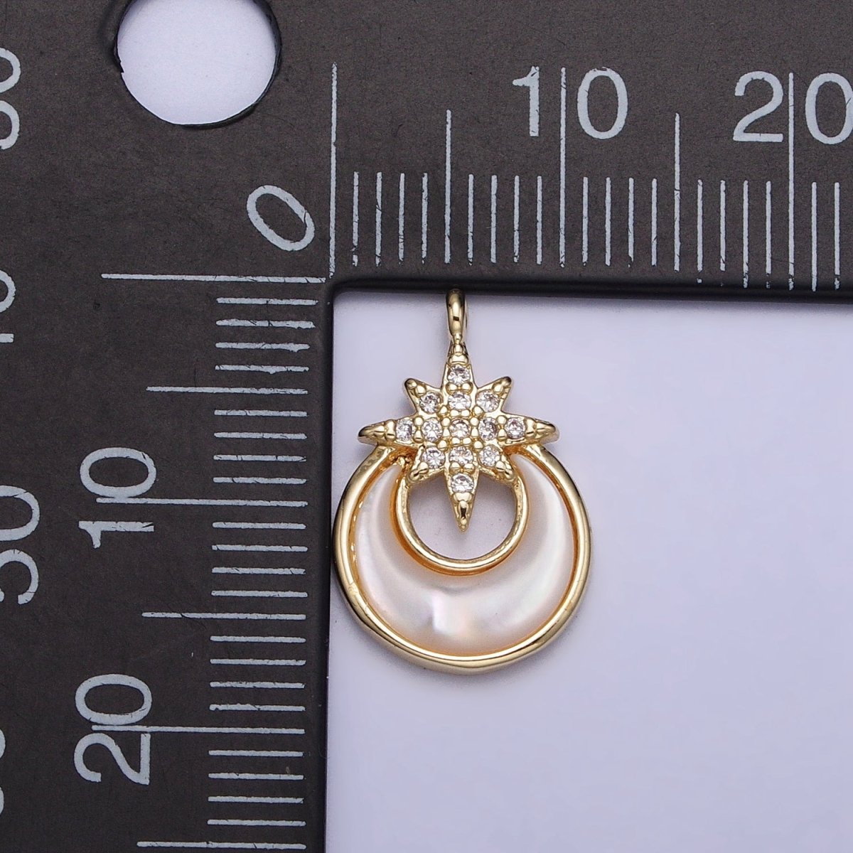 14K Gold Filled Celestial North Star Crescent Moon Shell Pearl Charm | AC1049 - DLUXCA