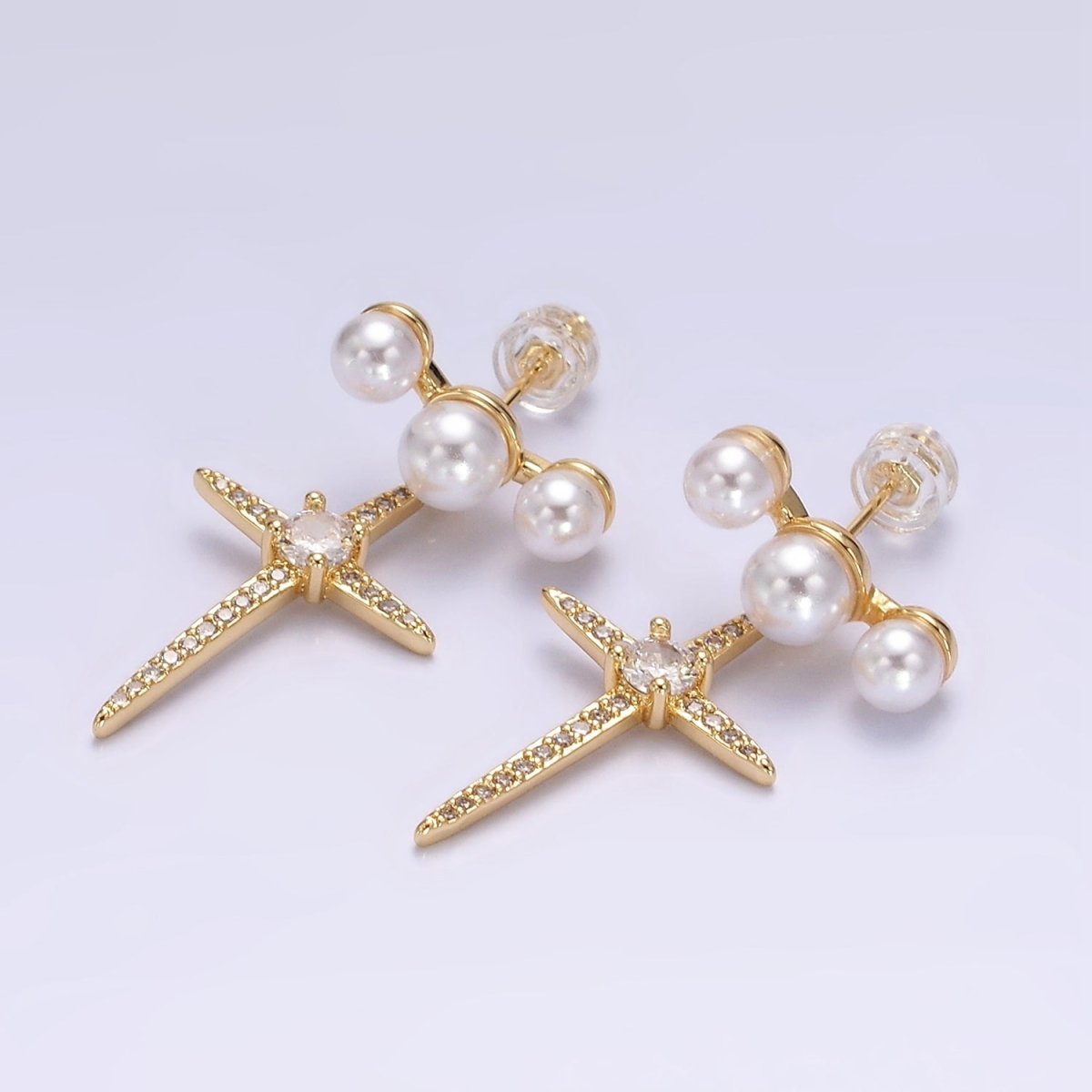 14K Gold Filled Celestial North Star Micro Paved CZ Triple Pearl Stud Earrings in Gold & Silver | AE-1041 AE-926 - DLUXCA