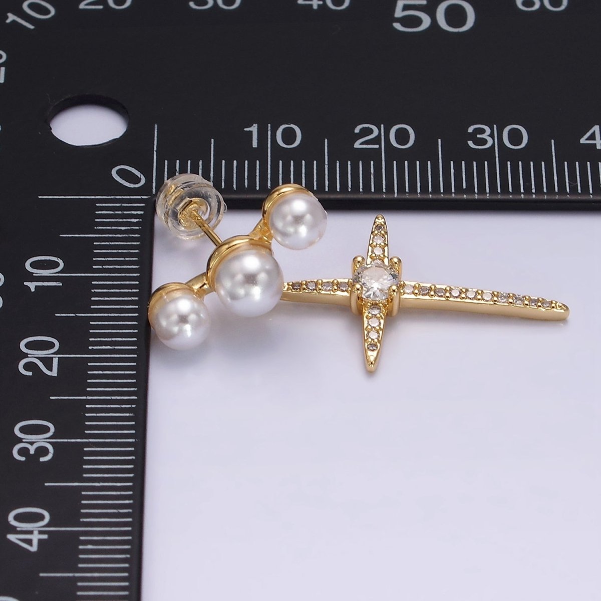 14K Gold Filled Celestial North Star Micro Paved CZ Triple Pearl Stud Earrings in Gold & Silver | AE-1041 AE-926 - DLUXCA