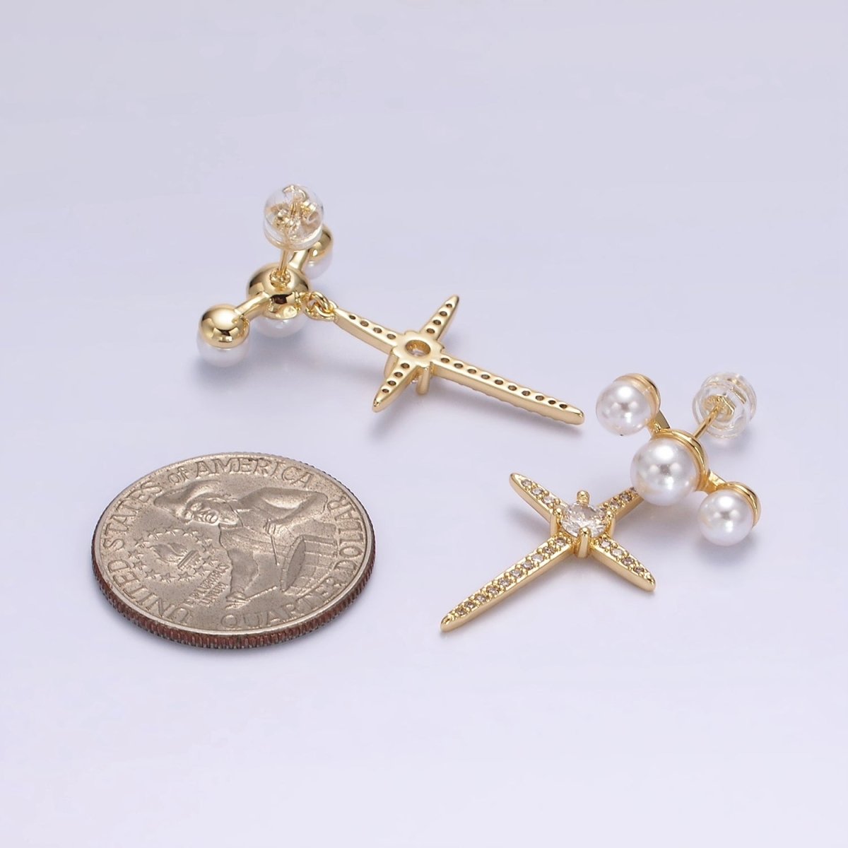 14K Gold Filled Celestial North Star Micro Paved CZ Triple Pearl Stud Earrings in Gold & Silver | AE-1041 AE-926 - DLUXCA