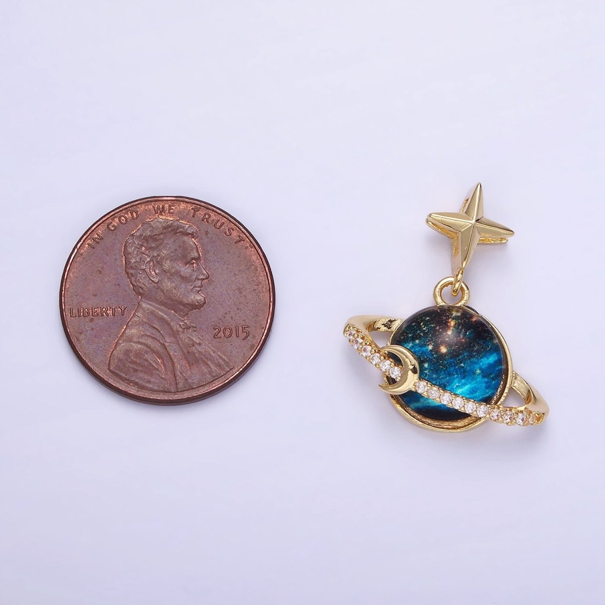 14K Gold Filled Celestial Saturn Planet Micro Paved CZ Star Bail Pendant | AA1186 - DLUXCA