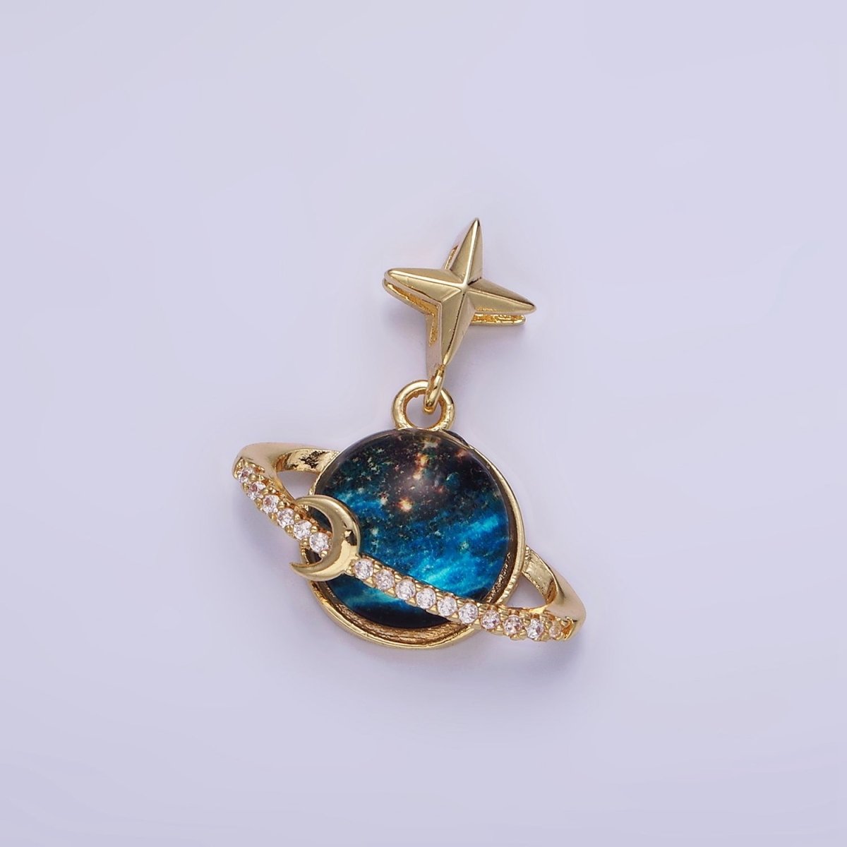 14K Gold Filled Celestial Saturn Planet Micro Paved CZ Star Bail Pendant | AA1186 - DLUXCA