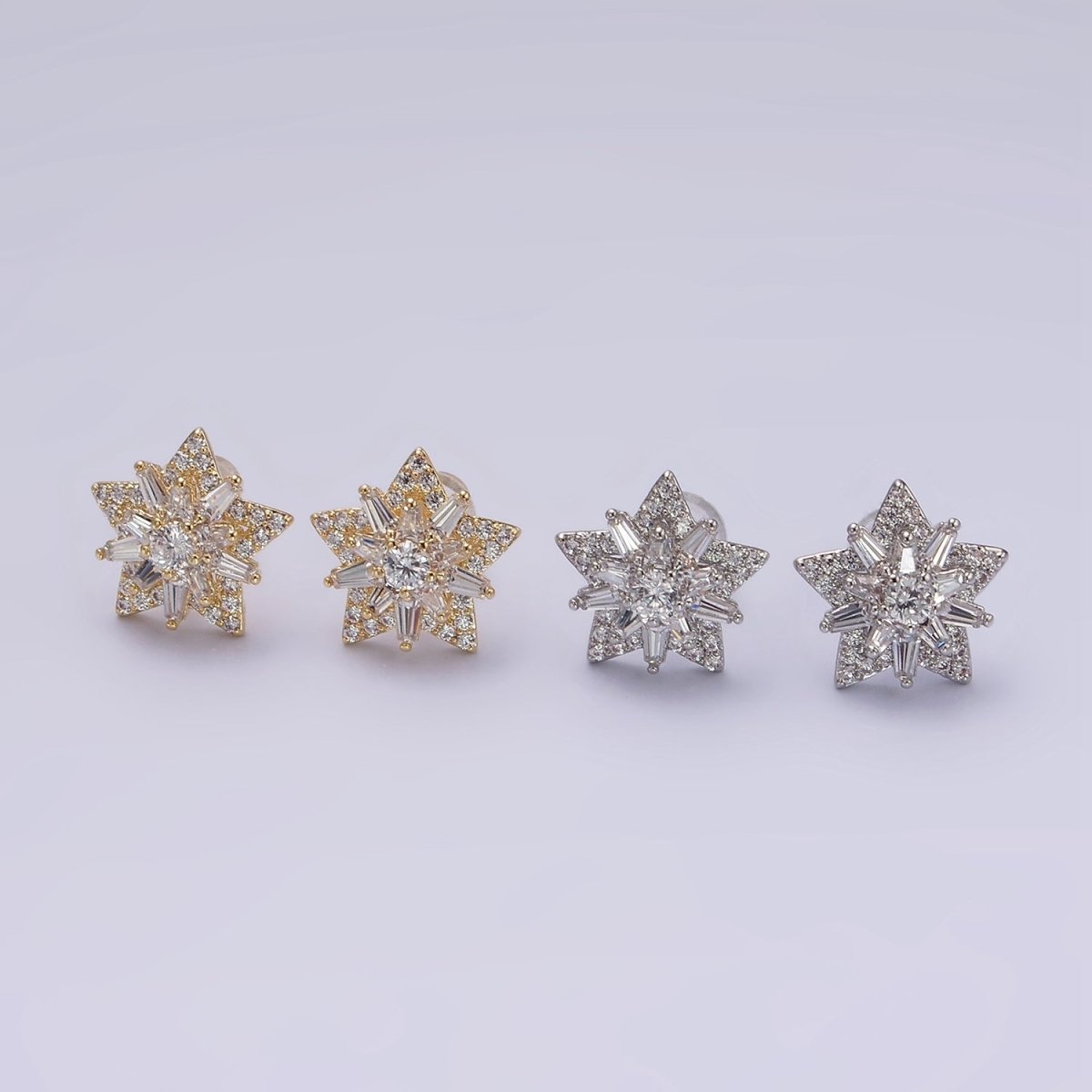 14K Gold Filled Celestial Star Baguette Micro Paved CZ Stud Earrings in Gold & Silver | V271 V272 - DLUXCA