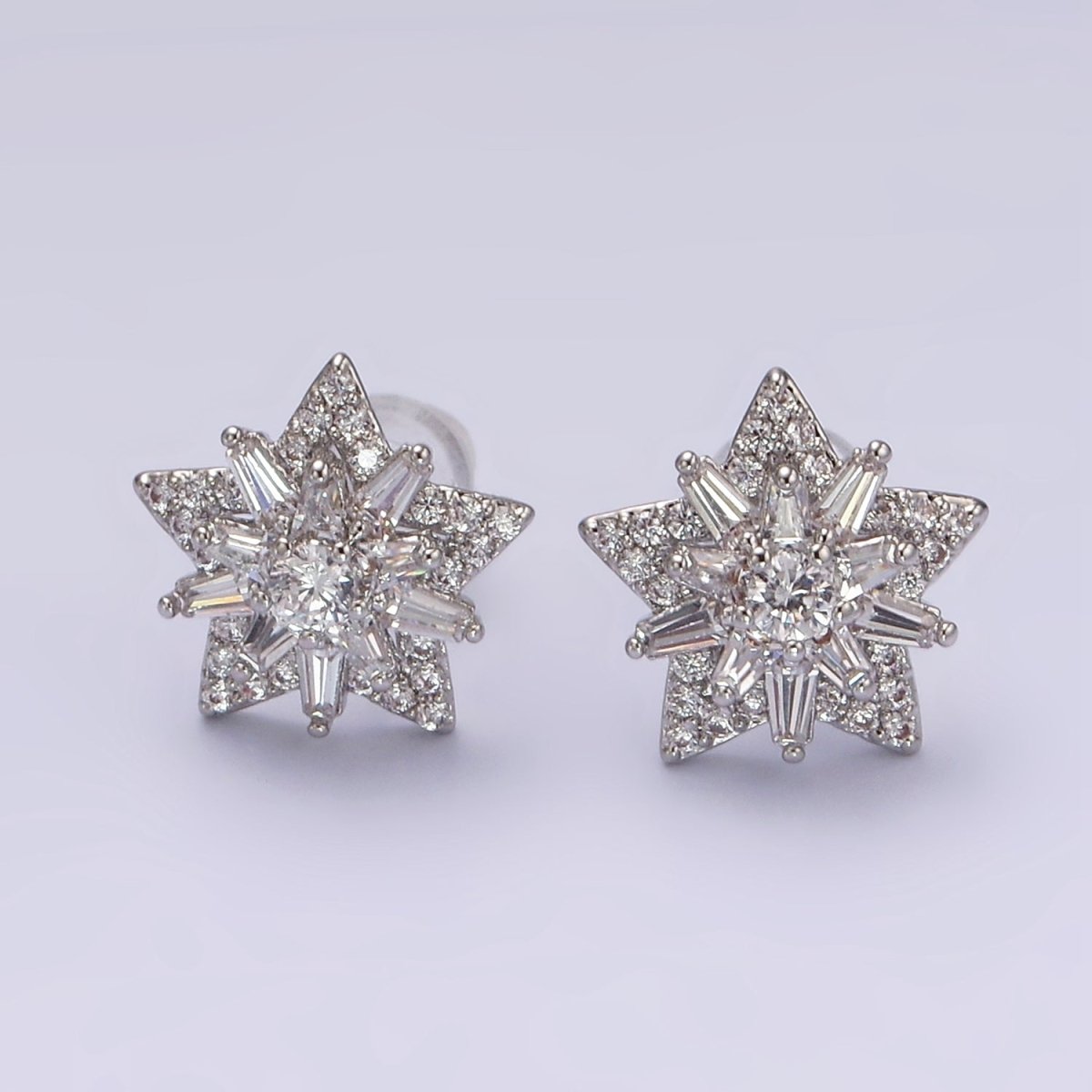 14K Gold Filled Celestial Star Baguette Micro Paved CZ Stud Earrings in Gold & Silver | V271 V272 - DLUXCA