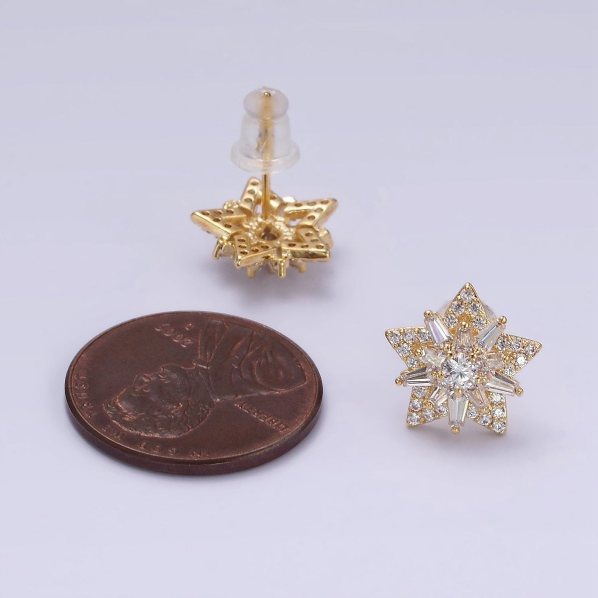 14K Gold Filled Celestial Star Baguette Micro Paved CZ Stud Earrings in Gold & Silver | V271 V272 - DLUXCA