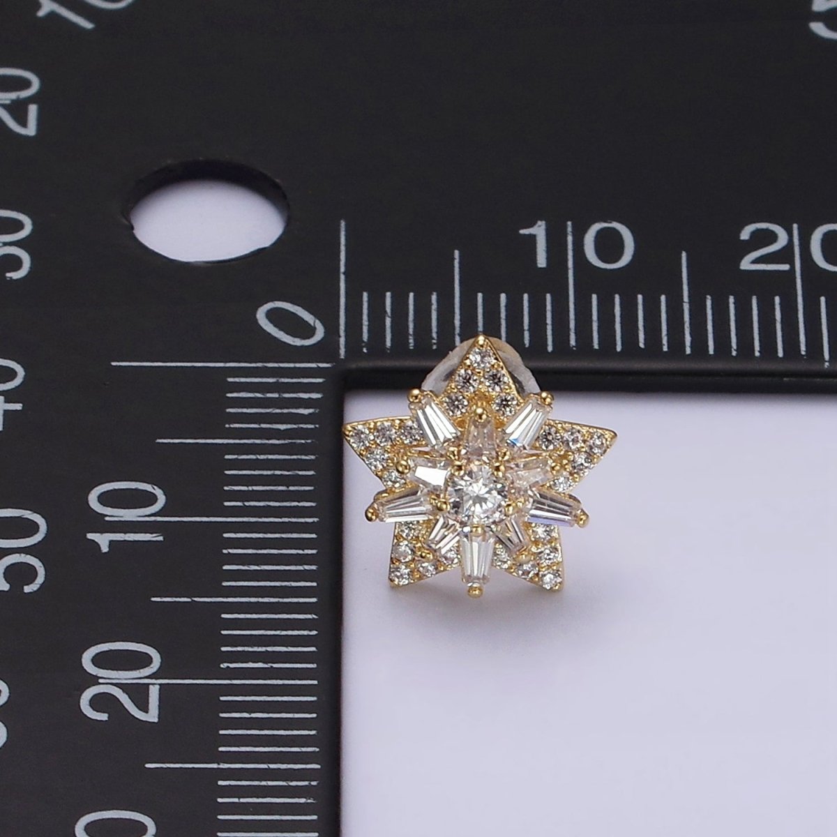 14K Gold Filled Celestial Star Baguette Micro Paved CZ Stud Earrings in Gold & Silver | V271 V272 - DLUXCA