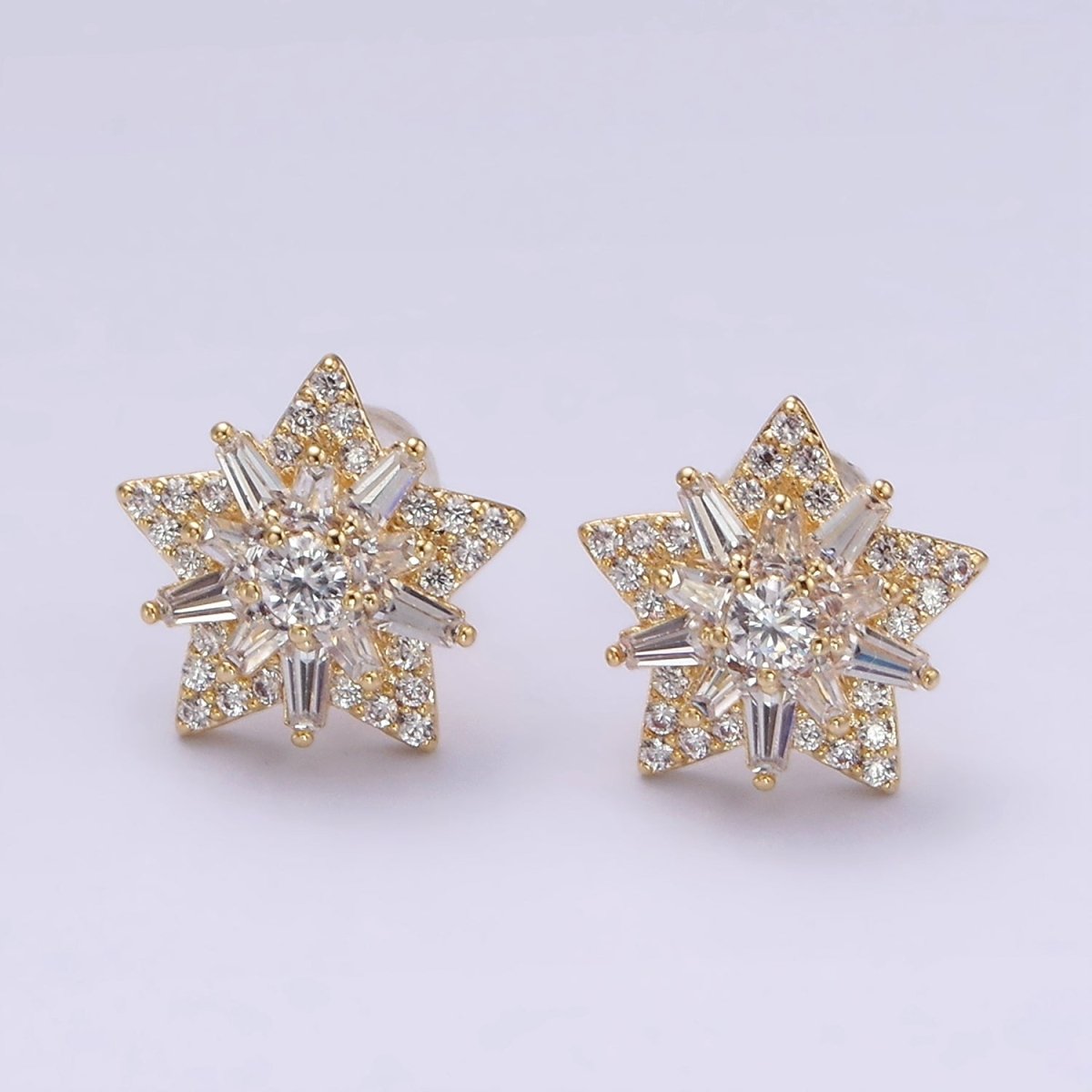 14K Gold Filled Celestial Star Baguette Micro Paved CZ Stud Earrings in Gold & Silver | V271 V272 - DLUXCA