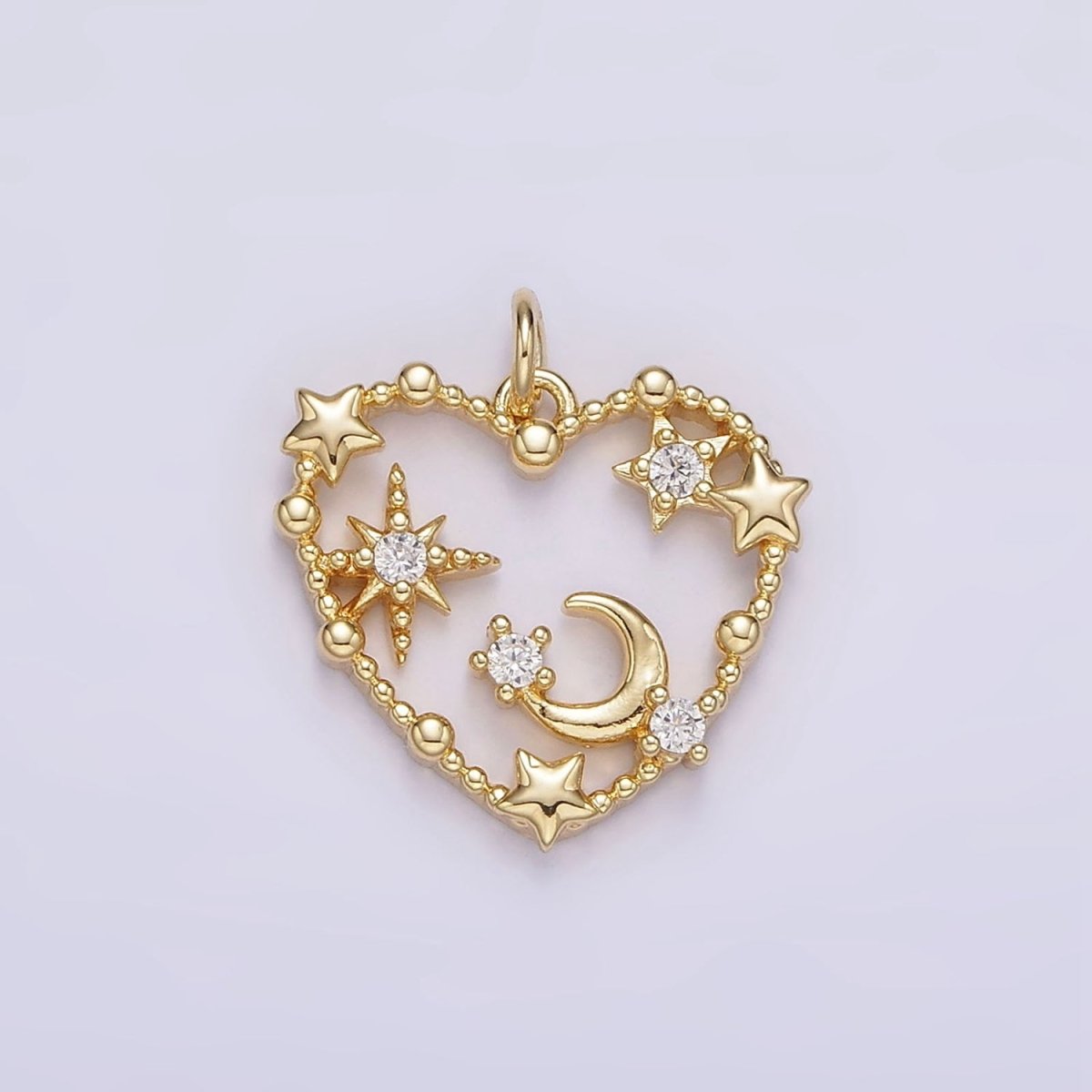 14K Gold Filled Celestial Star Crescent Moon CZ Dotted Open Heart Charm | AG419 - DLUXCA