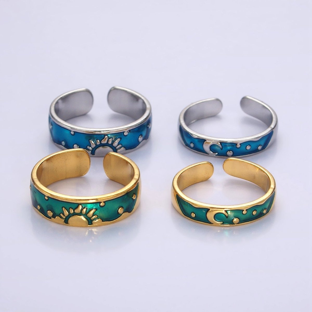 14K Gold Filled Celestial Sun Crescent Moon Blue Band Ring Set in Silver & Gold | O1070 O1071 - DLUXCA