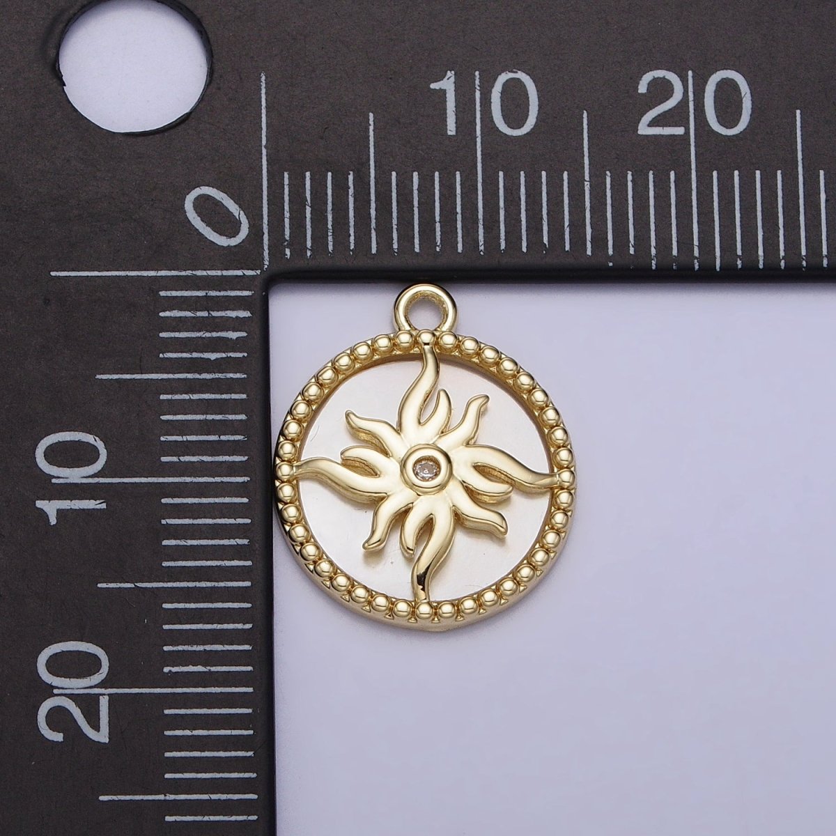 14K Gold Filled Celestial Sun Shell Pearl Clear CZ Beaded Round Charm | AC1056 - DLUXCA