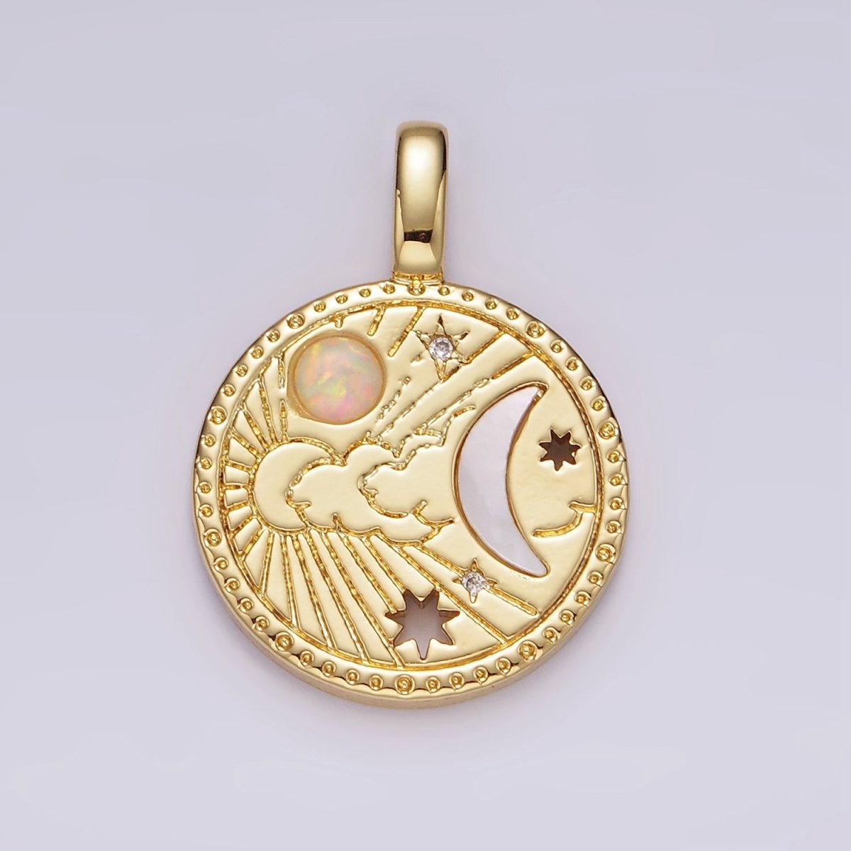 14K Gold Filled Celestial Sun Shell Pearl Crescent Moon CZ Open Star White Opal Round Charm | AH035 - DLUXCA