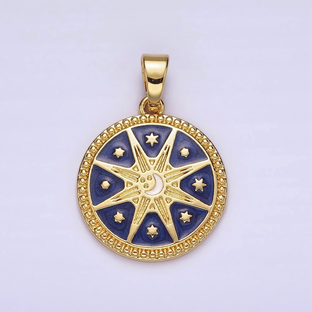 14K Gold Filled Celestial Sun Star Crescent Moon Blue Dotted Outline Round Pendant | AH050 - DLUXCA