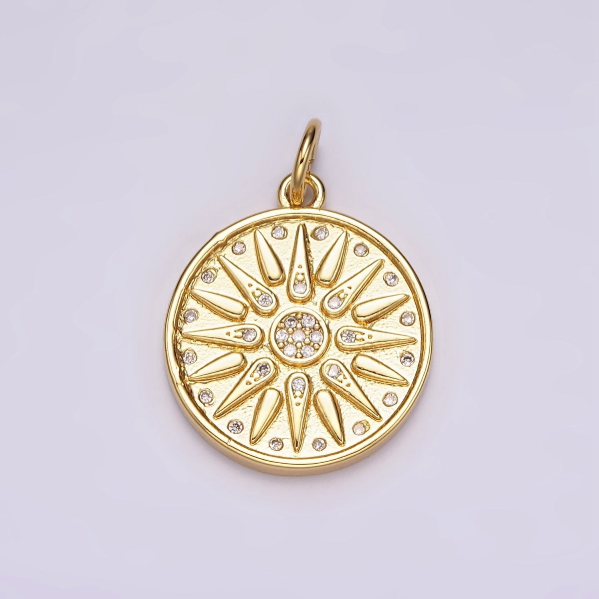 14K Gold Filled Celestial Sun Star Ray CZ Dotted Round Charm | AG583 - DLUXCA